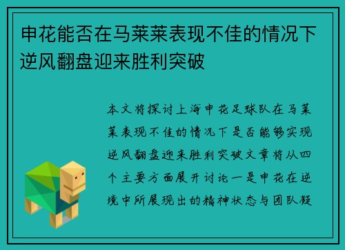 申花能否在马莱莱表现不佳的情况下逆风翻盘迎来胜利突破